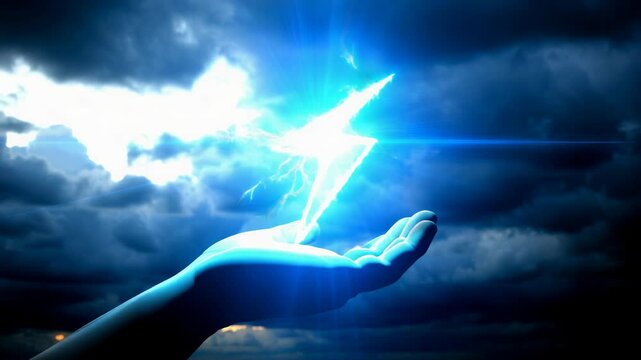 Hand Holding a Lightning Bolt, Symbolizing Energy and Power, Against a Stormy Background with Blue Glow
