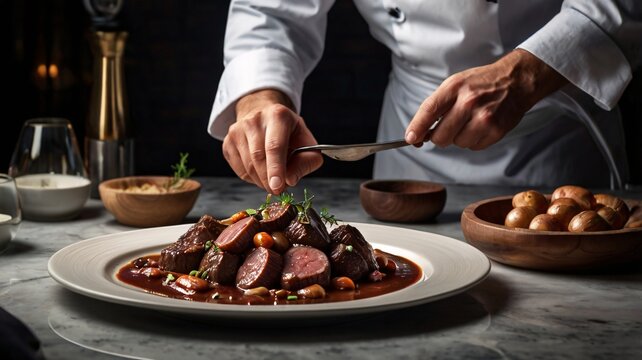 Male chef in a modern European restaurant plating beef bourguignon
