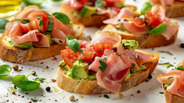 Turkey ham bruschetta on sliced avocado on a white background