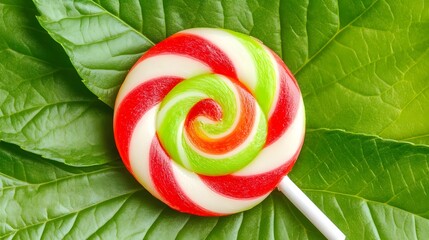 Colorful Spiral Candy Lollipop on Green Leaf Background