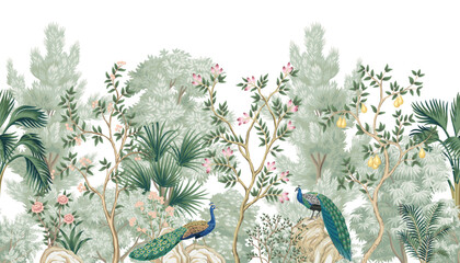Park trees, peacock bird, fruit tree, palms, plants, rose, stone seamless border. Botanical landscape mural.  © good_mood