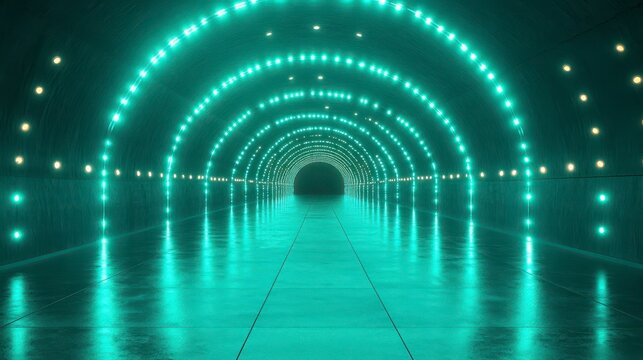 Illuminated teal tunnel with symmetrical lights receding into the distance