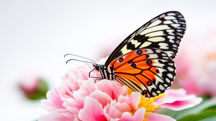 Obraz premium A close-up of a butterfly resting on a pink peony, capturing the delicate beauty of spring with room for captions,