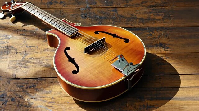 Close up of vintage mandolin resting on rustic wooden floor. Beautiful woodgrain detailing of musical instrument with strings and f holes.