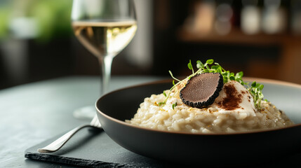 Gourmet Black Truffle Risotto with Gold Leaf. Star Fine Dining Cuisine Premium Food Photography