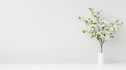 Minimalist white wall decor with flowering branch