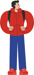 Young man with hands on his belt. Male character in linear flat style.