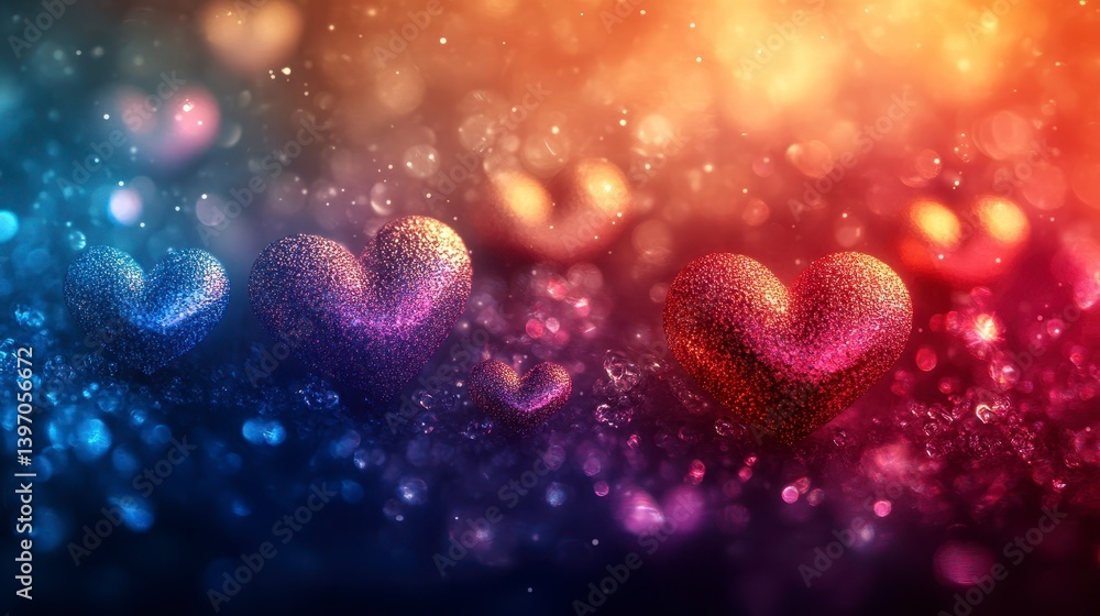 Poster sparkling hearts float amid bokeh