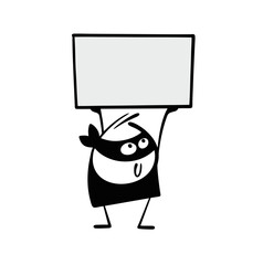Cute criminal in black mask holds  empty text banner over head. Vector illustration of  thief draws attention to important information, advertising. Cartoon people isolated on white background.