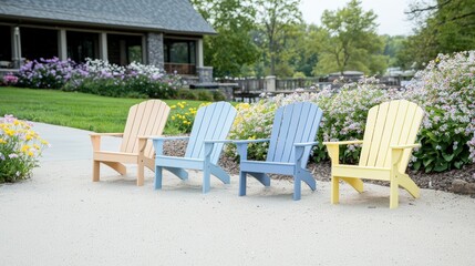 A row of colorful Adirondack chairs placed on a sandy beach with blooming spring flowers nearby, creating a relaxed coastal spring vibe with room for captions,