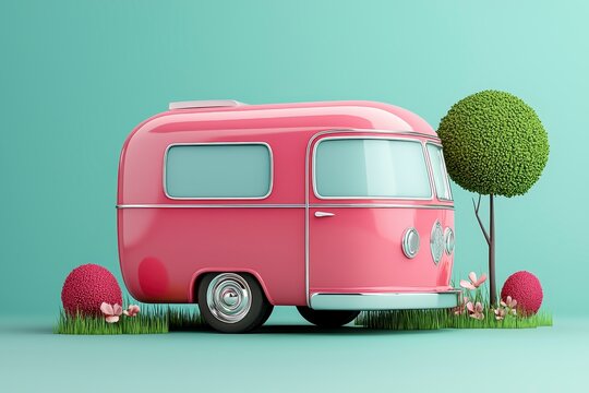 Pink Retro Camper Van in Whimsical 3D Scene