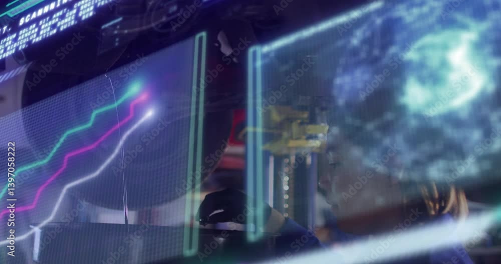 Poster digital graphs and data processing animation over person working at computer