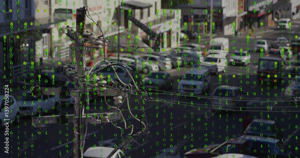 Poster green binary code animation over busy urban street with cars and power lines