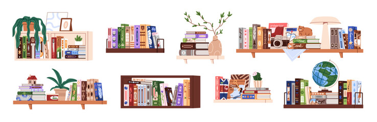 Different paper books on shelves set. Bookshelves with academic textbooks, educational literature. Bookcases with novels, stories for reading. Flat isolated vector illustrations on white background © Paper Trident