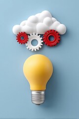 A creative illustration featuring a light bulb below a cloud and gears, symbolizing innovation and ideas.