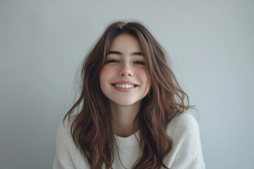 Fototapeta premium Young woman with long hair smiling brightly in a cozy sweater against a neutral wall indoors