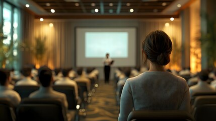 People attend a presentation in a modern conference room with a large screen.