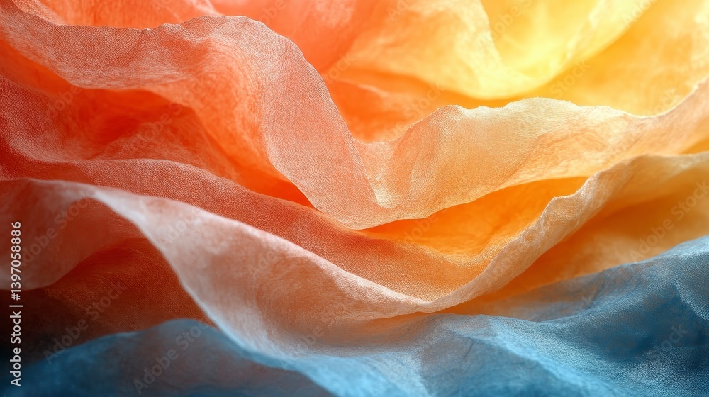 Poster abstract fabric waves in warm orange, yellow, transitioning to cool blue, creating a soft texture