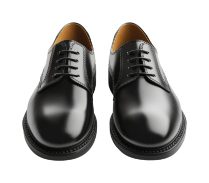 Formal black dress shoes retail store product view isolated on transparent background, png