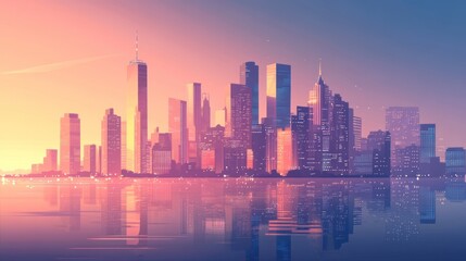 Obraz premium Vibrant Cityscape Reflection, Serene Urban View at Twilight's Embrace