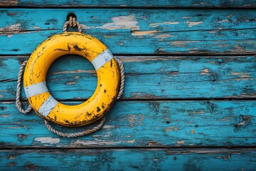 A weathered yellow life preserver hangs on a rustic teal wooden wall, creating a nautical and nostalgic feel. Perfect for maritime, safety, or vintage themes.