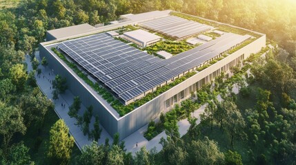 Aerial view of a large-scale data center powered by sustainable energy with solar panels on the roof, surrounded by greenery. illustration