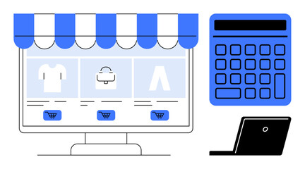 Online store interface under striped awning, calculator, and laptop highlighting digital shopping, budgeting, and e-commerce. Ideal for retail, finance, technology, small business productivity