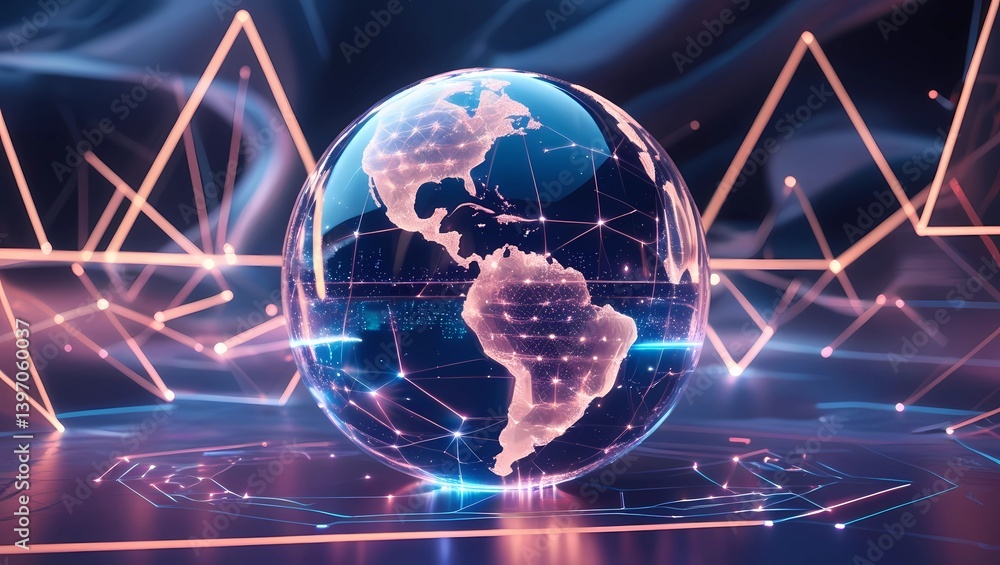 Poster abstract holographic sphere surrounded by glowing geometric patterns and light trails. a conceptual 