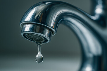 Closeup of Water Drop Falling from Chrome Faucet