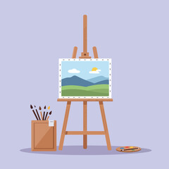 Wooden Easel Holding Landscape Painting with Brushes and Palette in Minimalist Vector Art