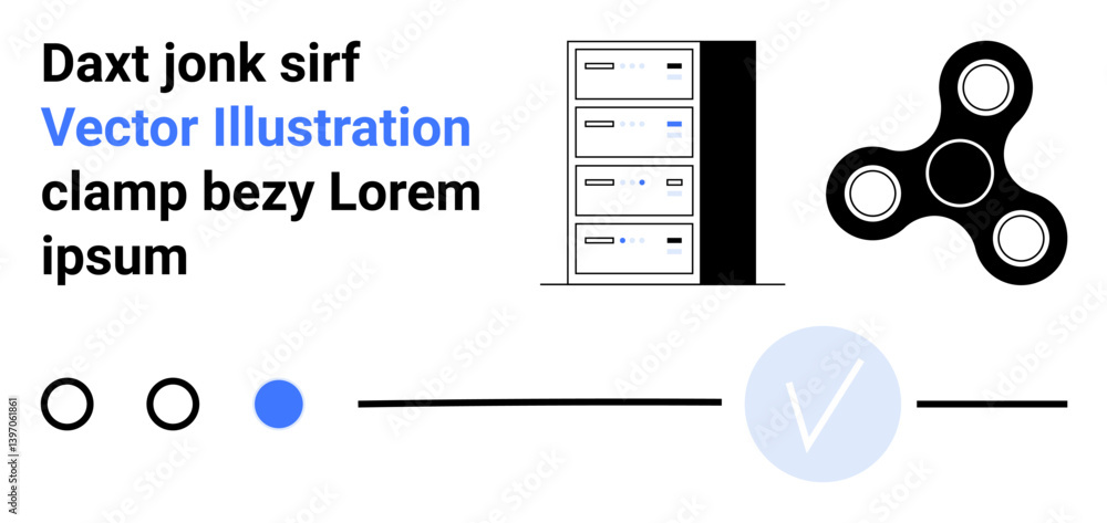Poster server rack next to a fidget spinner and circular ui elements, including a checkmark and text. ideal