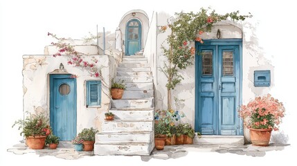 Fototapeta premium Watercolor of Traditional greek Santorini house with bougainvillea flowers,Greece islands blue white traditional cafe restaurant architecture,Santorini blue door window,Mediterranean scene.