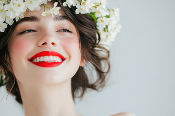 Smiling young woman with flower crown expressing joy in a bright, simple setting