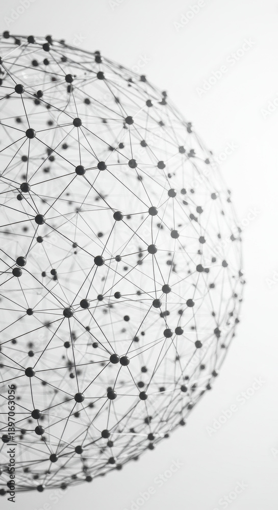 Poster abstract network: connected dots & lines forming a global sphere. data connection, technology, futur