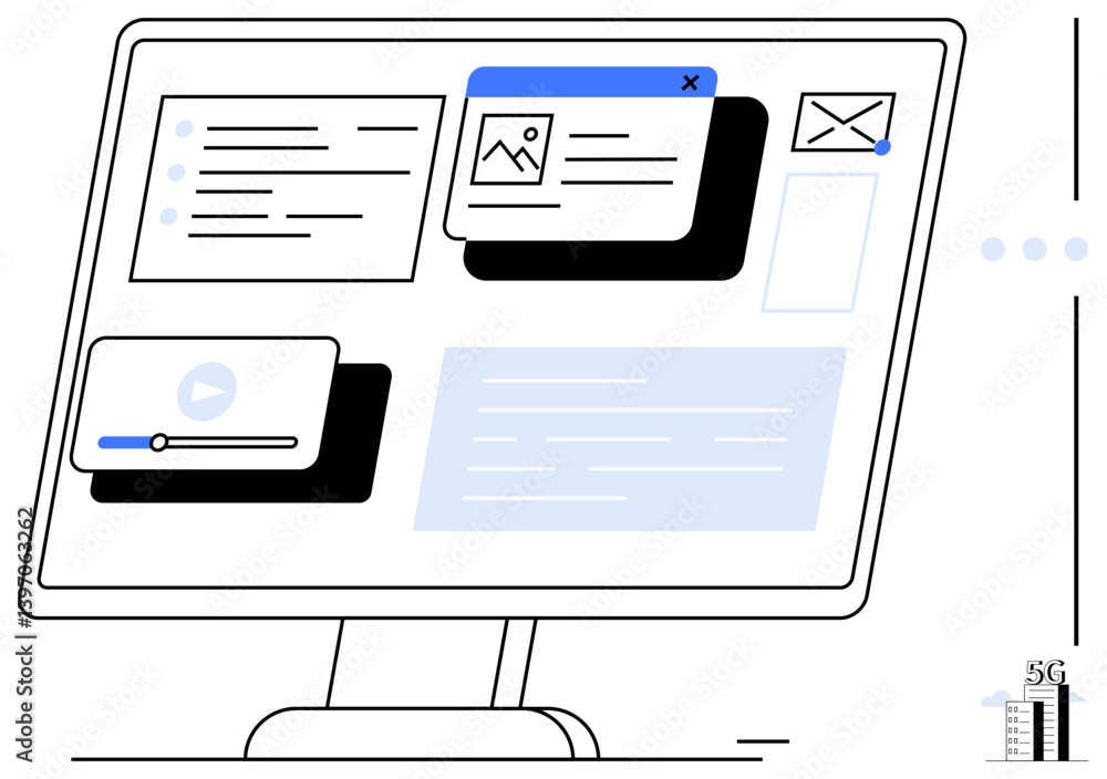 Poster desktop monitor displaying multitask interface with email, image, video, text content, and charts. i