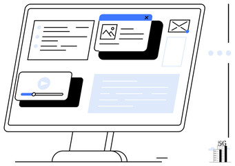 Desktop monitor displaying multitask interface with email, image, video, text content, and charts. Ideal for technology, collaboration, communication, business digital connectivity productivity
