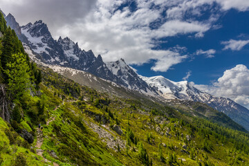 Obraz premium Mont Blanc, Monte Bianco mountain summit snow dome above the Chamonix valley in France. Highest peak in Europe in the Alps, alpine scenic view of Montblanc