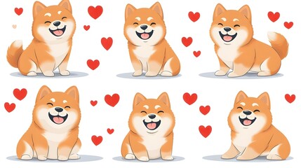 Obraz premium Cute Shiba Inu Dog Character in Different Poses with Hearts