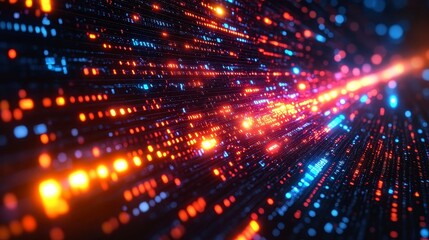 Glowing orange and blue light trails, like data streaming through a digital network