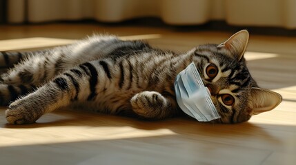 Naklejka premium Cute Tabby Cat Wearing Face Mask Relaxing on Floor at Home