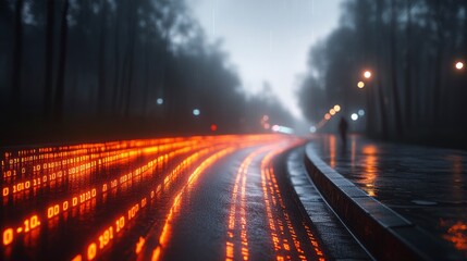 Road with glowing data streams amid misty trees, conveying digital technology