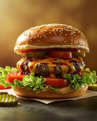 Mouthwatering Classic Burger with Cheese, Pickles, and Tomato - Colorful 4K Food Image