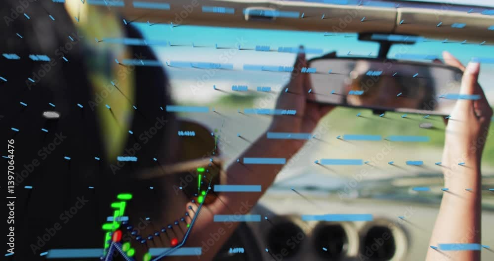 Poster graph and data animation over person adjusting rearview mirror in car