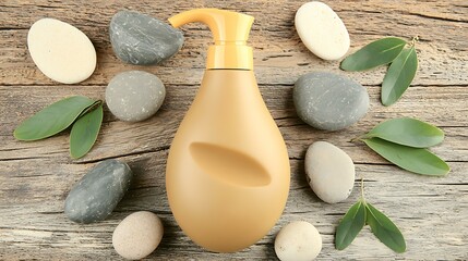 Natural lotion pump bottle made of biodegradable material on rustic wooden surface with stones and leaves