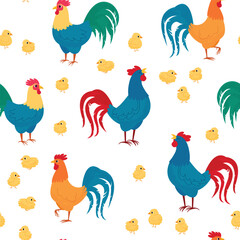 Seamless pattern with cockerels and chickens on a white background. Vector illustration with hand-drawn textures. For design, scrapbooking, wrapping paper.