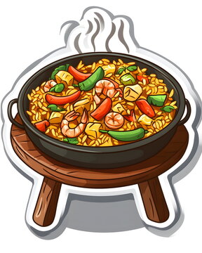 paella dish on wooden stool clip art preview