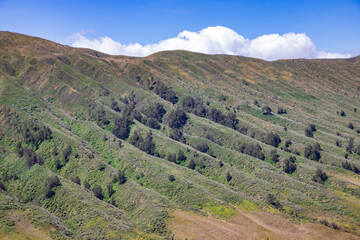 Fototapeta premium Green hills with natural ridges under a bright blue sky and white clouds. A vibrant and refreshing landscape perfect for use in travel, nature, and eco-friendly projects.