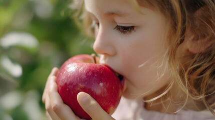 sunny image of a child biting into a ripe apple, Generative AI