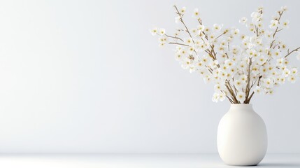 A white ceramic vase with delicate white flowers on a minimalist background, elegant floral arrangement, and simple and serene interior decor concept.