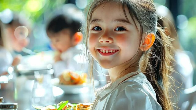 Smiling girl enjoying a meal at a restaurant.